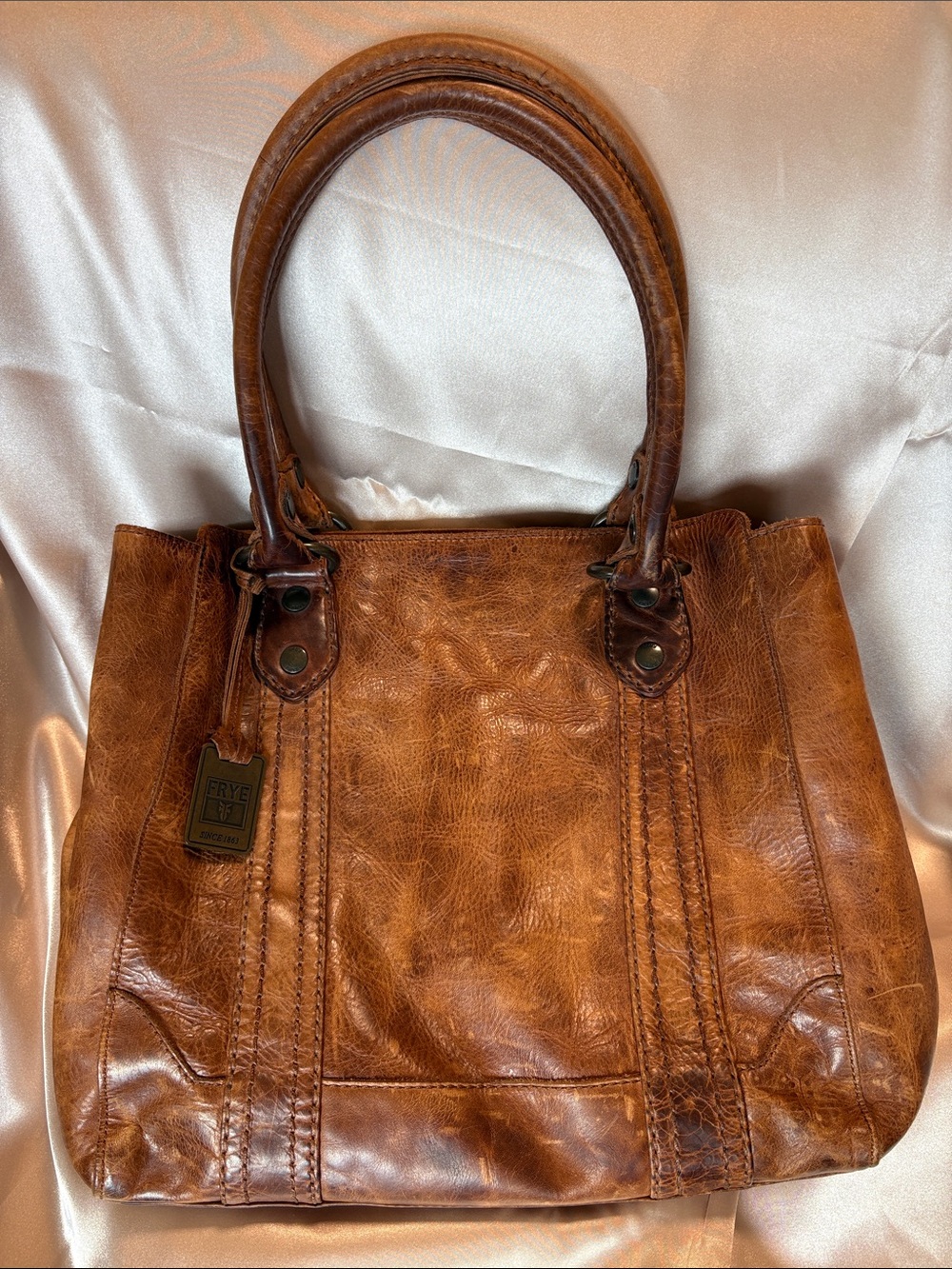 Frye Melissa Distressed Chestnut Leather Satchel Handbag Tote excellent